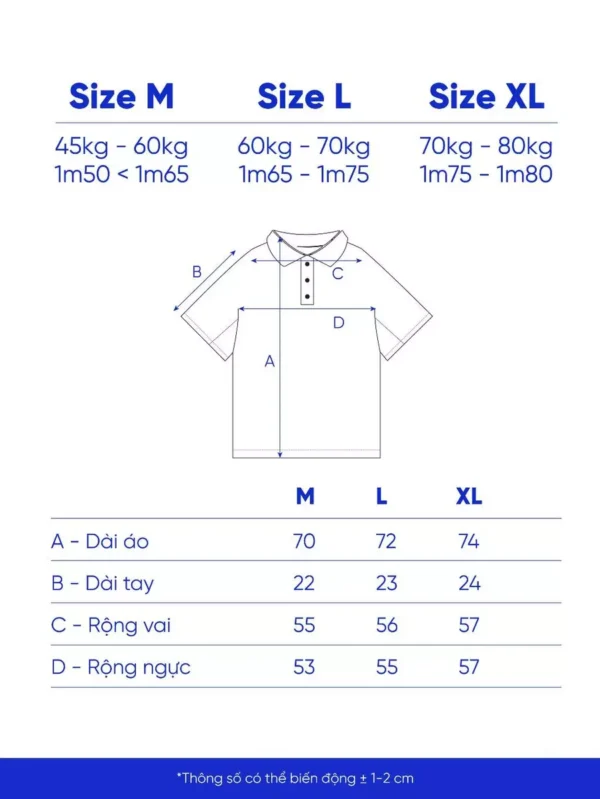 Bảng size áo polo unisex city cycle